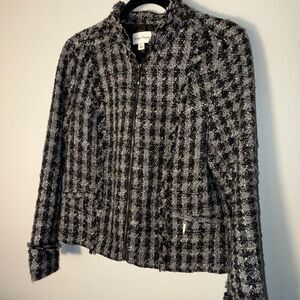 Wool Blend Textured Tweed Jacket Zip Front Black Gray Fringe Trim Women’s 12 – B